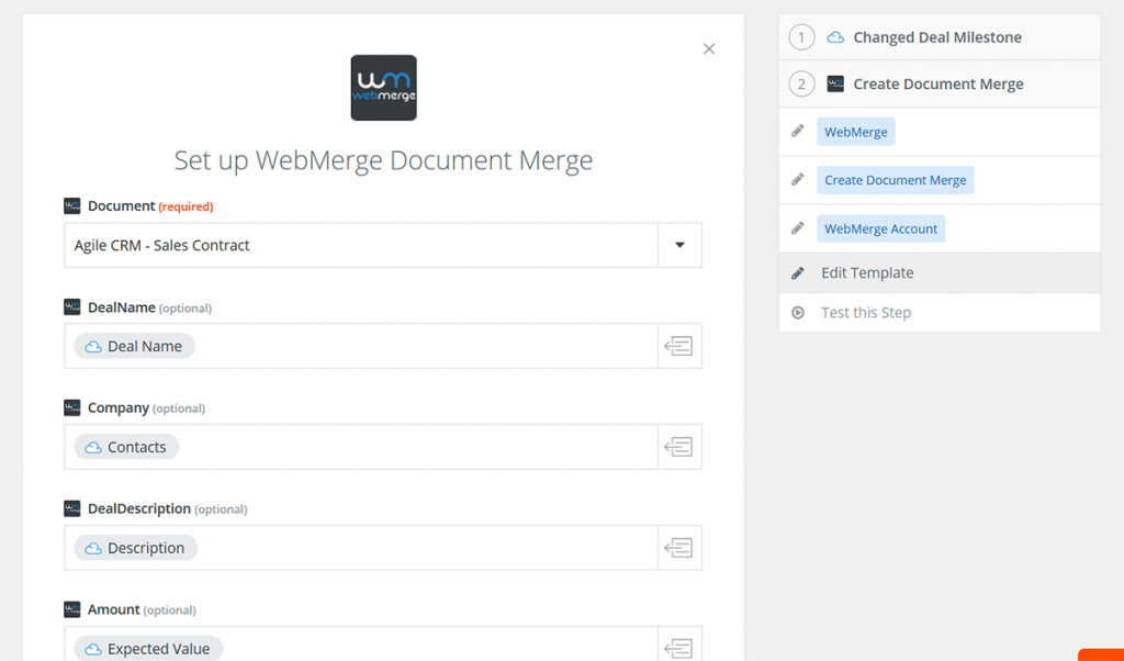 Create a Zap on Zapier for WebMerge and Agile CRM Deals