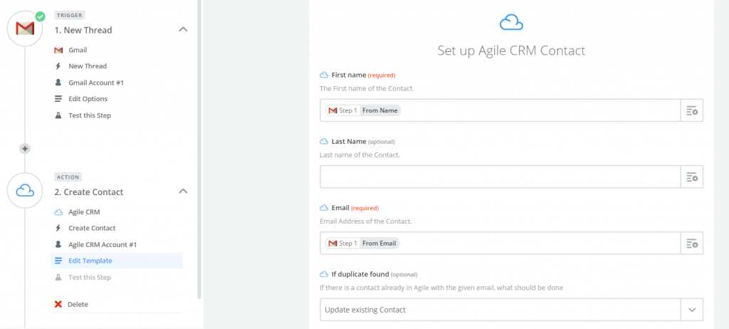 Zap with Gmail and Agile CRM - New Thread Create Contact