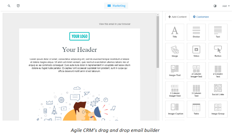 Agile CRM’s drag and drop email builder