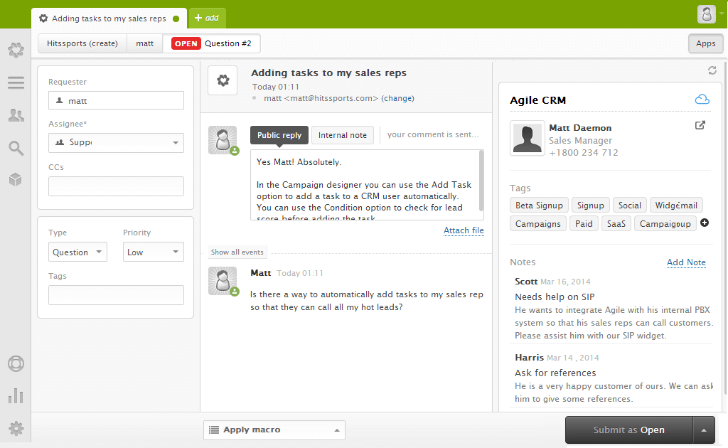 Agile CRM Zendesk Widget Contact Screenshot